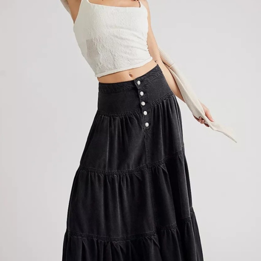 Free People Black Denim Maxi Skirt with Button Accents